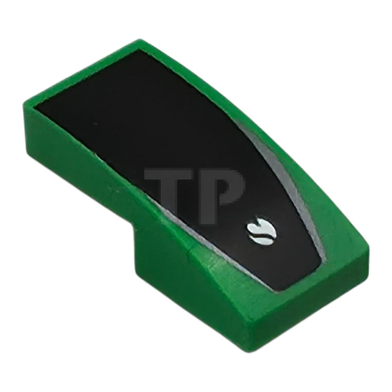 LEGO&reg; 6523197 - 11477pb205 - Slope, Curved 2 x 1 x 2/3 with Sauber Formula 1 Logo Partial Capital Letter S on White Circle, Black Trapezoid, Dark Silver Stripes Pattern