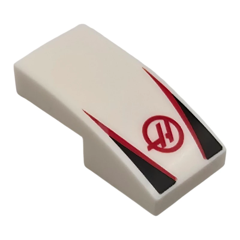 LEGO&reg; 6523212 - 11477pb225 - Slope, Curved 2 x 1 x 2/3 with Haas Formula 1 Logo Stylized Capital Letter H in Circle, Red Stripes, Black Triangles Pattern