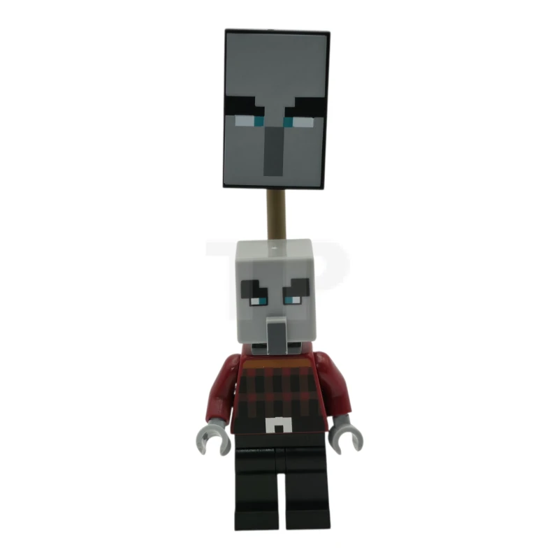 LEGO&reg; min196 Illager (Pillager) - Narrow Eyes, Dark Bluish Gray Neck Bracket and Tile with Clip, Ominous Banner