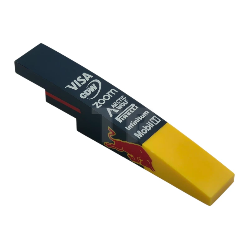 LEGO&reg; 6539955 - 6801pb02 - Slope, Curved 6 x 1 with White 'VISA', 'CDW', 'zoom', 'ARCTIC WOLF', 'PIRELLI', 'Infinitum' and 'Mobil' Logos on Dark Blue Background, Red Bull and Stripe on Both Sides Pattern