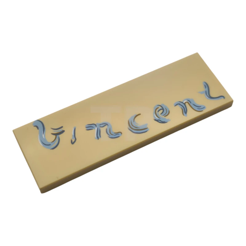 LEGO&reg; 6515212 - 69729pb156 - Tile 2 x 6 with Bright Light Blue, Sand Blue, Dark Tan and White 'Vincent' Signature Pattern