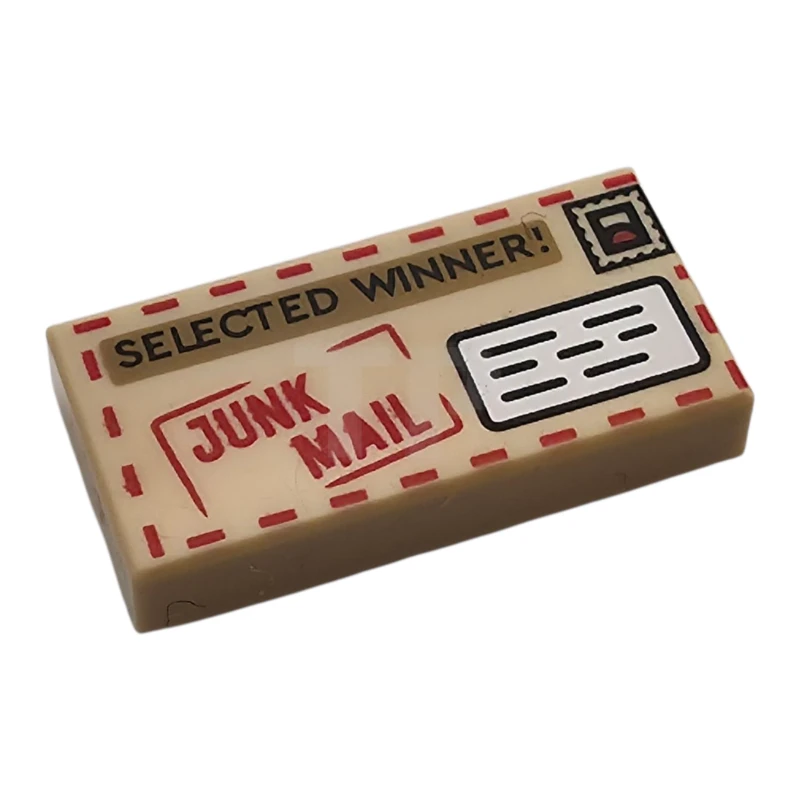 LEGO&reg; 6490706 - 3069pb1287 - Tile 1 x 2 with Red 'JUNK MAIL' and Black 'SELECTED WINNER!' Pattern (Mail Envelope with Stamp and Address)