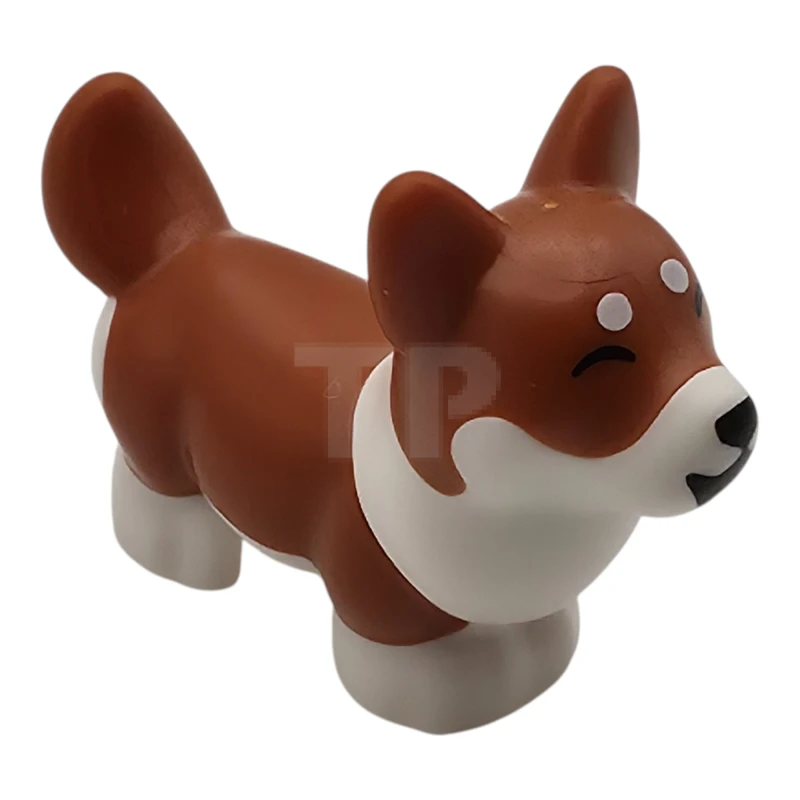 LEGO&reg; 109845pb03 - 6586265 - Dog, Friends Style, Corgi with Molded White Lower Body and Face and Printed Black Nose and Mouth, Closed Eyes, Bright Pink Tongue, White Spots Pattern (Marimba)