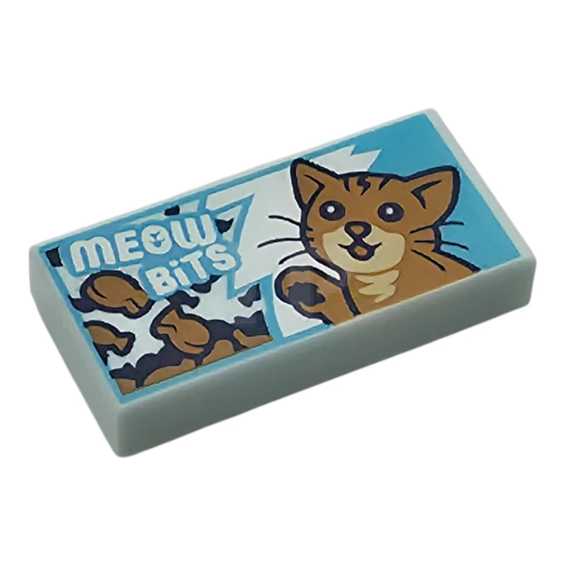 LEGO&reg; 6527761 - 3069pb1341 - Tile 1 x 2 with 'MEOW BiTS' and Medium Nougat and Tan Cat on White and Medium Azure Jagged Background Pattern