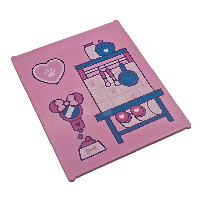 LEGO&reg; 6543641 - 42509pb18 - Glass for Window 1 x 6 x 6 Flat Front with Dark Pink, Dark Azure and White Pet Bowl, Mirror, Heart, Shelves, Containers and Kitchen Utensils Pattern