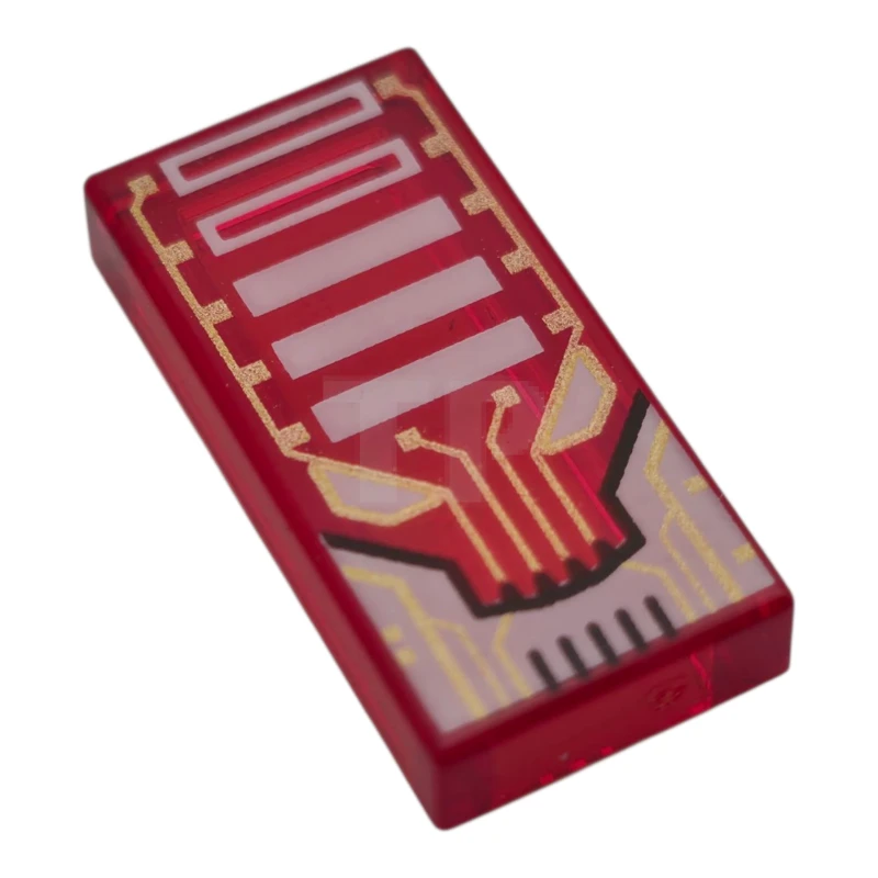 LEGO&reg; 6523340 - 3069pb1323 - Tile 1 x 2 with Alien Robot Face with Gold Circuitry, Black Lines, White Eyes and Rectangles Pattern