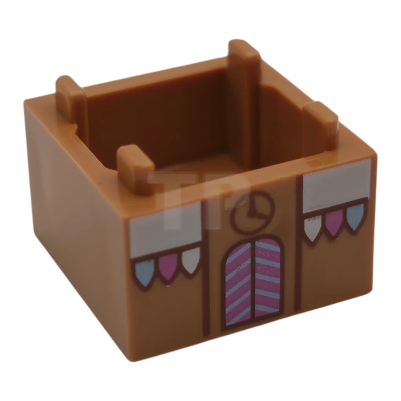 LEGO&reg; 6524644 - 2821pb07 - Container, Box 2 x 2 x 1 - Top Opening with Raised Inner Bottom with Gingerbread House, Bright Pink, Bright Light Blue and White Awning, Icing and Striped Door and Reddish Brown Clock Pattern