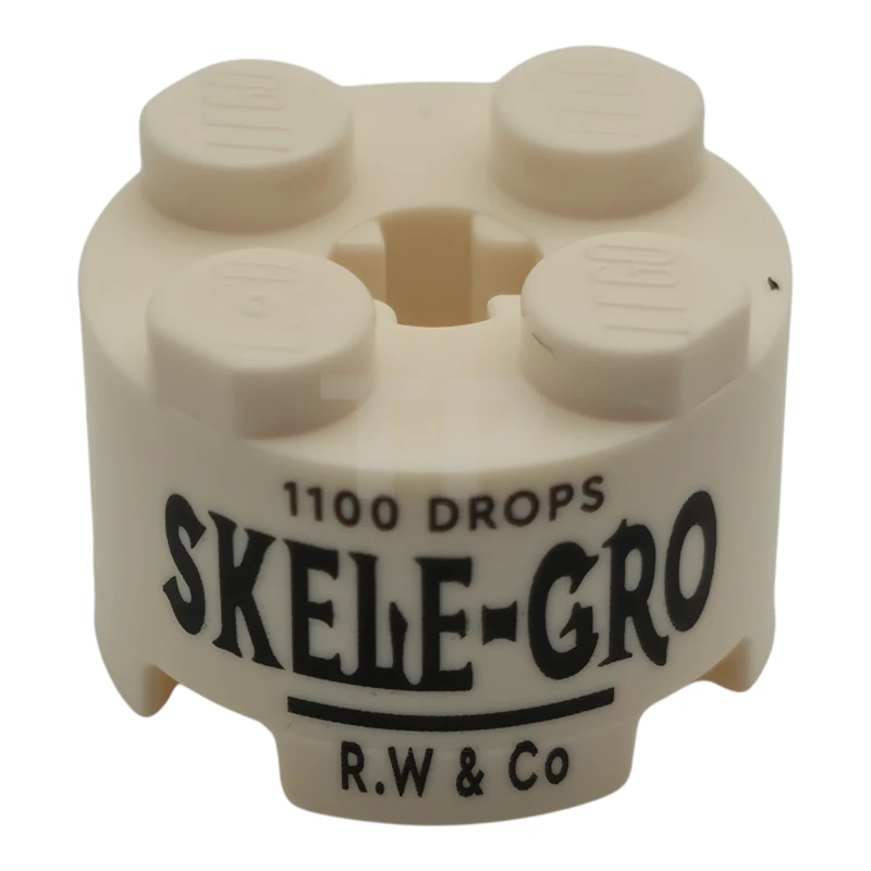 LEGO&reg; 6533001 - 3941pb61 - Brick, Round 2 x 2 with Axle Hole with Black '1100 DROPS', 'SKELE-GRO' and 'R.W & Co' Pattern