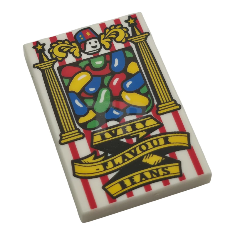 LEGO&reg; 6533000 - 26603pb547 - Tile 2 x 3 with HP Bertie Bott's Beans Box with Green, Blue, Red and Yellow Jelly Beans, Pillars, Stripes and 'EVERY-FLAVOUR BEANS' on Banner Pattern