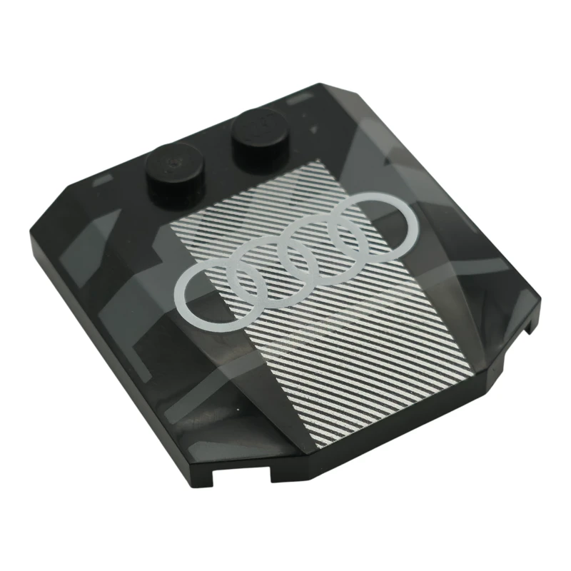 LEGO&reg; 6472248 - 45677pb158 - Wedge 4 x 4 x 2/3 Triple Curved with White Audi Logo on Dark Bluish Gray and Silver Stripes Pattern