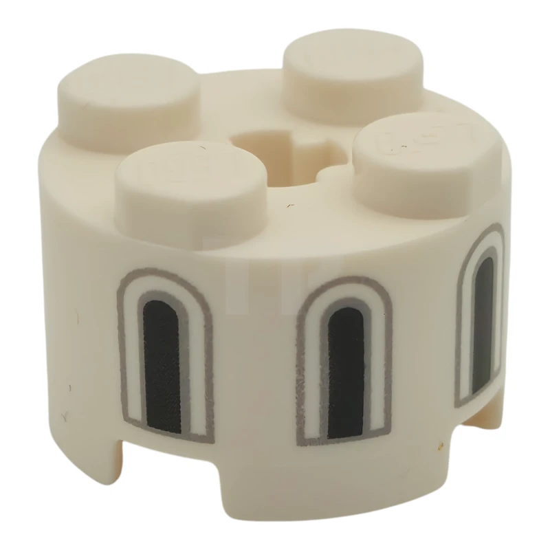 LEGO&reg; 6544470 - 3941pb57 - Brick, Round 2 x 2 with Axle Hole with 3 Black and Light Bluish Gray Castle Windows Pattern