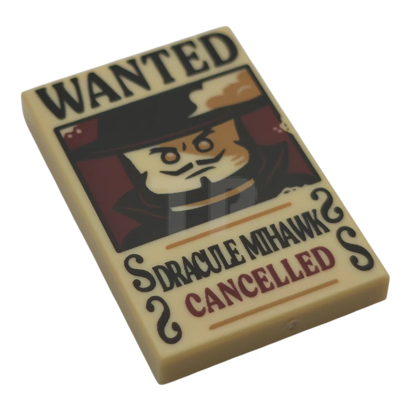 LEGO&reg; 6544199 - 26603pb531 - Tile 2 x 3 with Wanted Poster with Black 'WANTED' 'DRACULE MIHAWK', Dark Red 'CANCELLED' Pattern