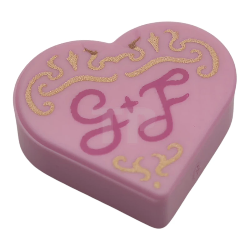 LEGO&reg; 39739pb08 - 6568576 - Tile, Round 1 x 1 Heart with Gold Filigree and Dark Pink Script 'G + F' Pattern