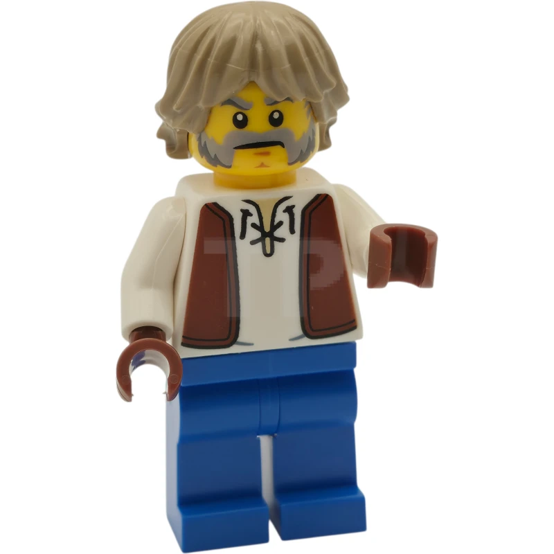 LEGO&reg; cas594 Fabbro - Camicia bianca con gilet marrone rossiccio, gambe blu, capelli scuri.
