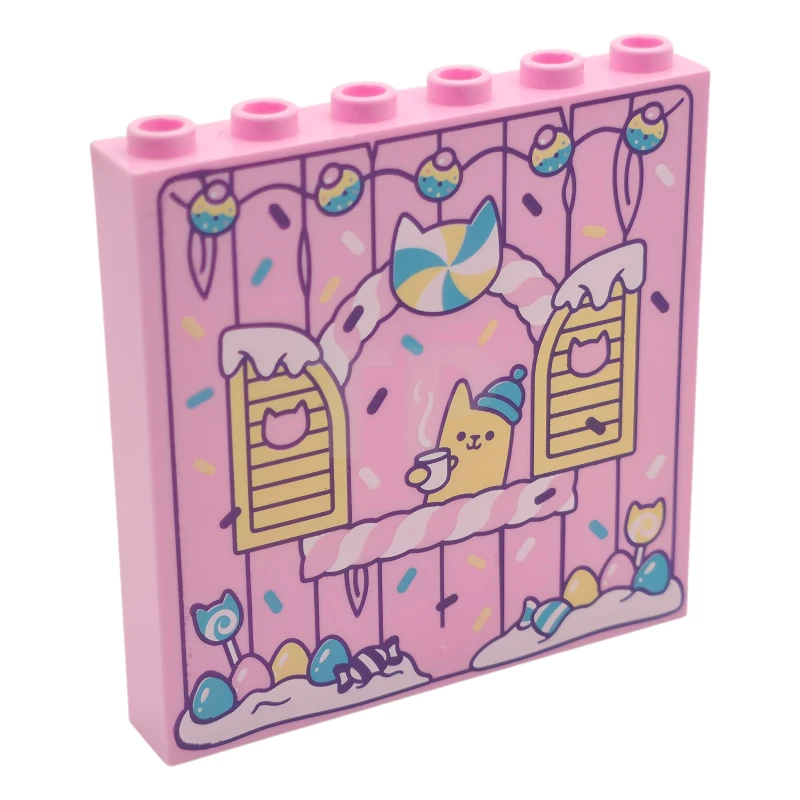 LEGO&reg; 6542526 - 59349pb408 - Panel 1 x 6 x 5 with Wall Panel with Dark Purple Lines, Window with Bright Light Yellow Shutters, Cat with Medium Azure Hat, Candy, Eggs and Ornaments Pattern