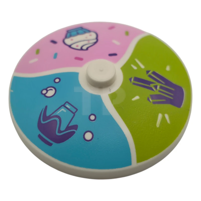 LEGO&reg; 6542530 - 3960pb083 - Dish 4 x 4 Inverted (Radar) with Solid Stud with Dark Purple Crystal and Flower with Cone, Cupcake with White Frosting, Sprinkles on Lime, Bright Pink and Medium Azure Background Pattern