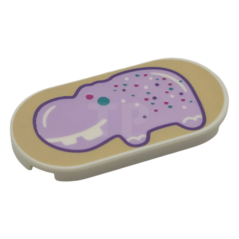 LEGO&reg; 66857pb107 - 6559456 - Tile, Round 2 x 4 Oval with Lavender and Dark Purple Hippopotamus with White Smile and Teeth and Dark Turquoise and Magenta Spots on Tan Background Pattern