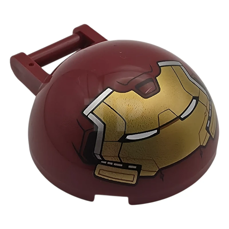 LEGO&reg; 6586336 - 18990pb09 - Windscreen 4 x 4 x 1 2/3 Canopy Dome Half Sphere with Bar Handle with Gold Hulkbuster Face with Cheeks and Silver Side Panels Pattern