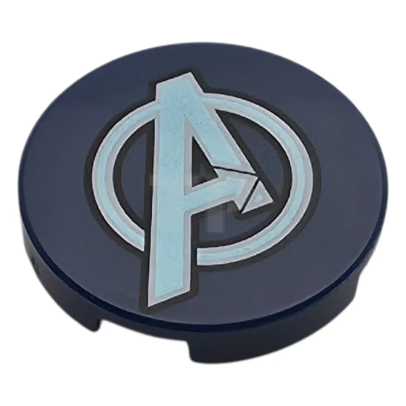 LEGO&reg; 6592880 - 14769pb784 - Tile, Round 2 x 2 with Bottom Stud Holder with Metallic Light Blue and White Avengers Logo Pattern