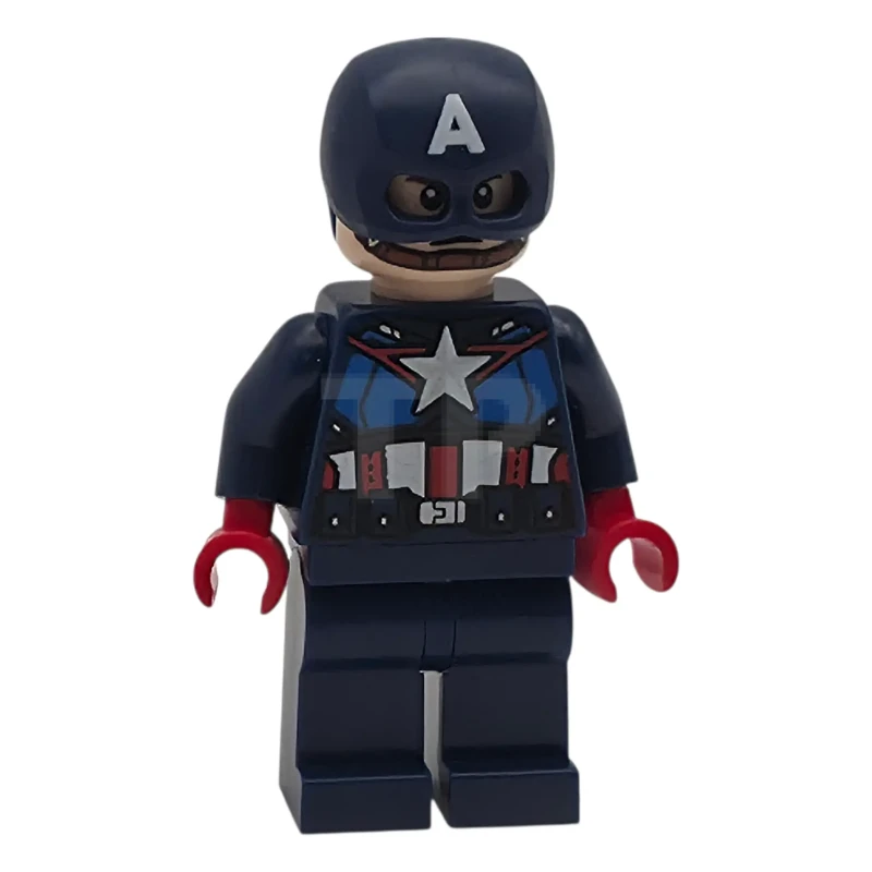 LEGO&reg; sh1093 Capitan America - Tuta blu scuro con cintura blu scuro, mani rosse, elmetto