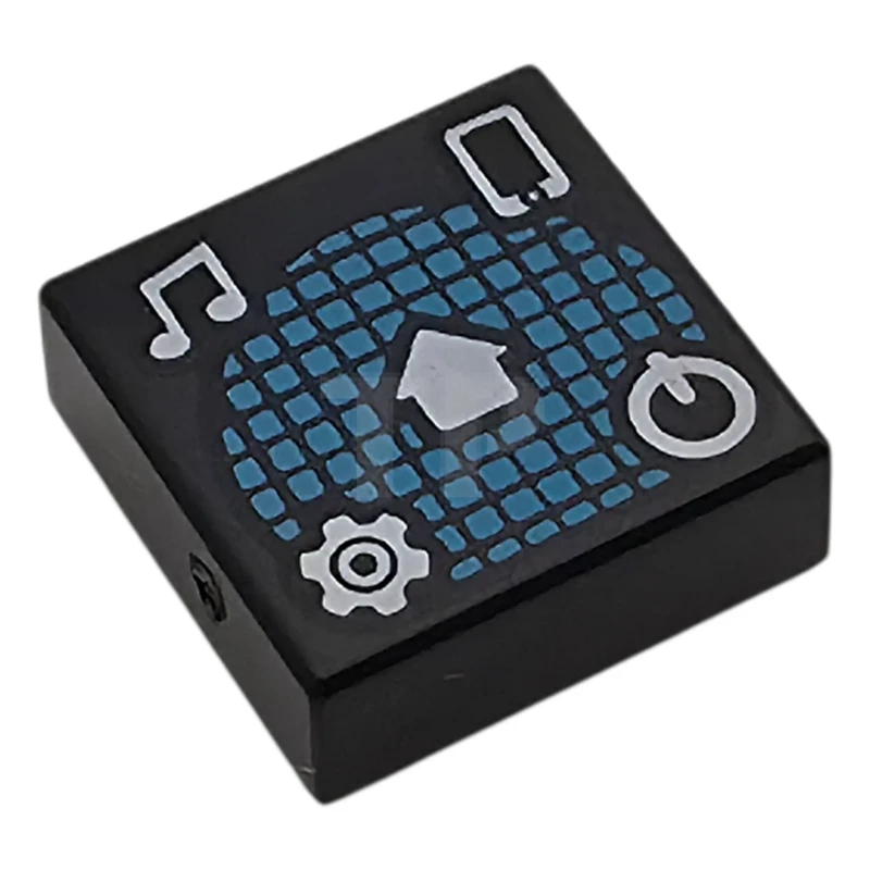 LEGO&reg; 3070pb395 - 6585408 - Tile 1 x 1 with White Music Notes, Cell Phone / Smartphone, Gear, Power Icon, and Home Button on Dark Azure Grid Pattern