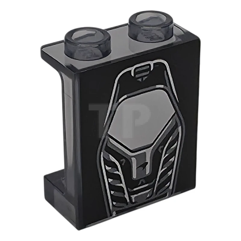 LEGO&reg;  - 87552pb140 - Panel 1 x 2 x 2 with Side Supports - Hollow Studs with Silver and Dark Silver Vehicle Rear Window with McLaren Logo and Vents on Black Background Pattern