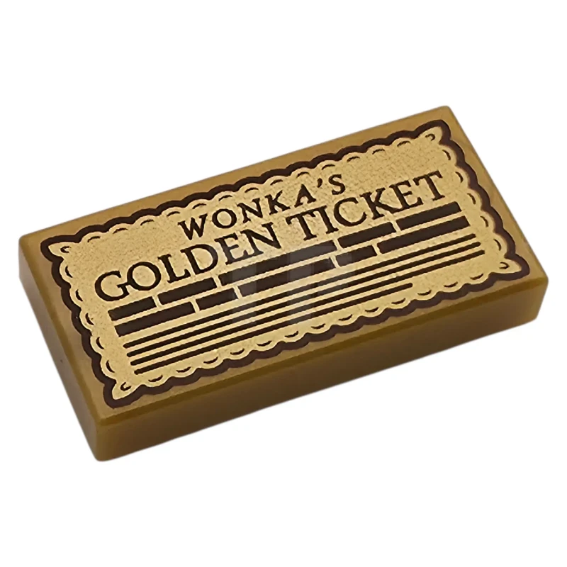 LEGO&reg; 6600499 - 3069pb1415 - Tile 1 x 2 with Dark Brown 'WONKA'S GOLDEN TICKET' and Text Lines on Gold Background Pattern