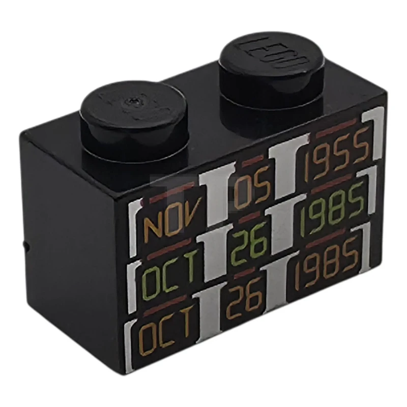 LEGO&reg; 6585376 - 3004pb370 - Brick 1 x 2 with Orange and Yellowish Green 'NOV 05 1955', 'OCT 26 1985' and 'OCT 26 1985' on Silver Background Pattern