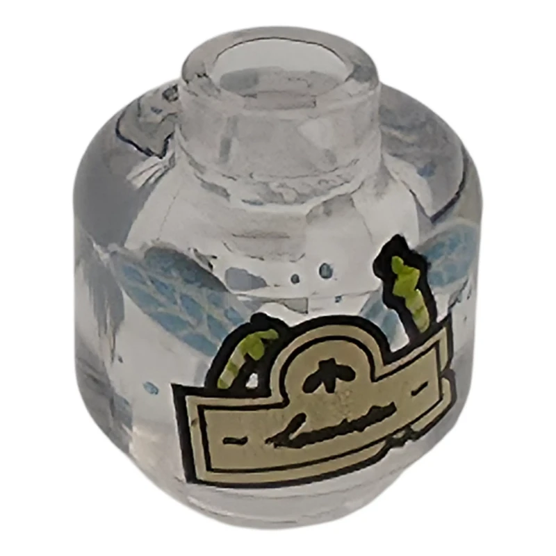 LEGO&reg; 6578912 - 3626pb4085 - Minifigure, Head without Face with Tan Label with Black Script Writing and Lime Insects with Silver and Metallic Light Blue Wings Pattern