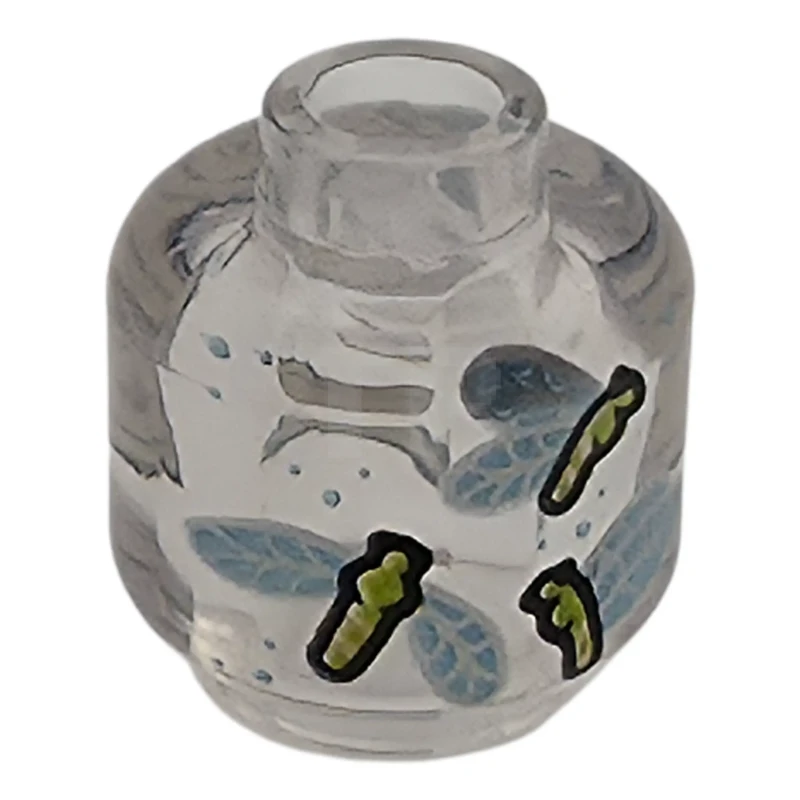 LEGO&reg; 6578912 - 3626pb4085 - Minifigure, Head without Face with Tan Label with Black Script Writing and Lime Insects with Silver and Metallic Light Blue Wings Pattern