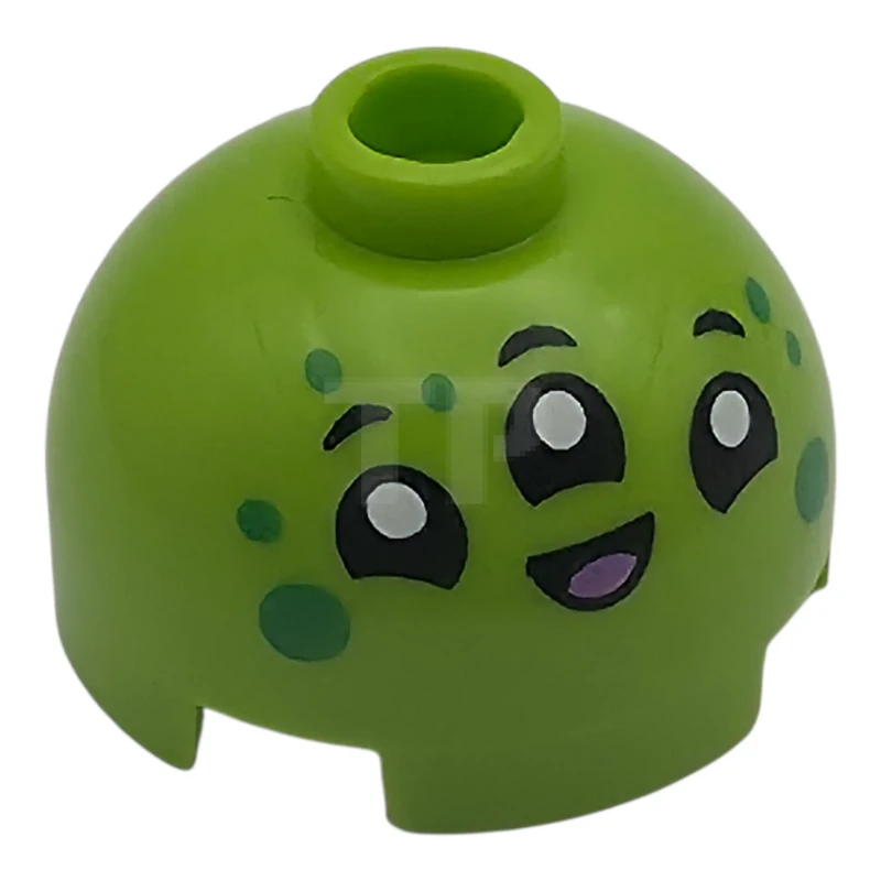 LEGO&reg; 6469018 - 553pb050 - Brick, Round 2 x 2 Dome Top with Alien Face with 3 Black Eyes and Mouth, White Pupils, Medium Lavender Tongue and Green Spots Pattern
