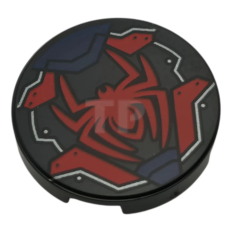 LEGO&reg; 6584352 - 14769pb843 - Tile, Round 2 x 2 with Bottom Stud Holder with Spider, Dark Blue and Red Armor Plates, Dark Silver Outlines and Rivets Pattern
