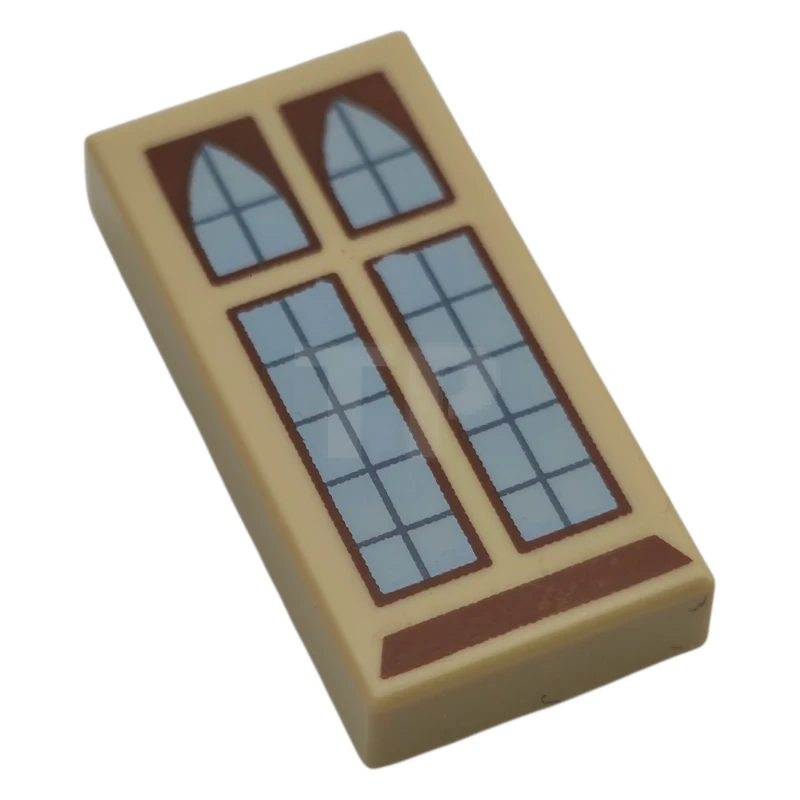 LEGO&reg; 6495197 - 3069pb1254 - Tile 1 x 2 with Reddish Brown Windows and Sill, Dark Bluish Gray Panes and Bright Light Blue Glass Pattern