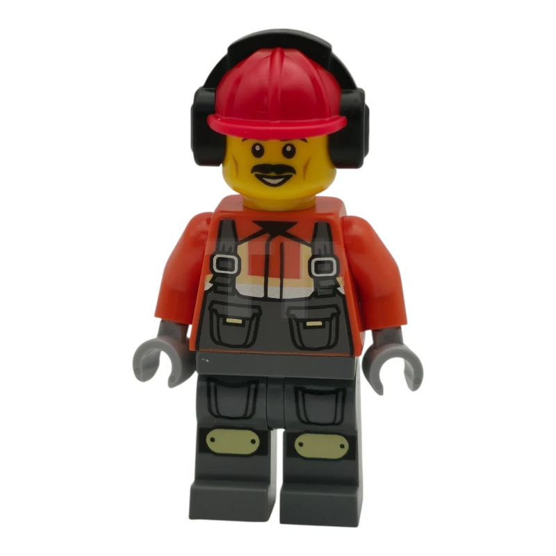 LEGO&reg; cty1787 Trabajador de la Construcción - Hombre, Mono Gris Azulado Oscuro sobre Chaqueta de Seguridad Naranja Rojizo con Bandas Reflectantes, Piernas Gris Azulado Oscuro con Rodilleras, Casco de Construcción Rojo con Protectores Auriculares Negros, Bigote