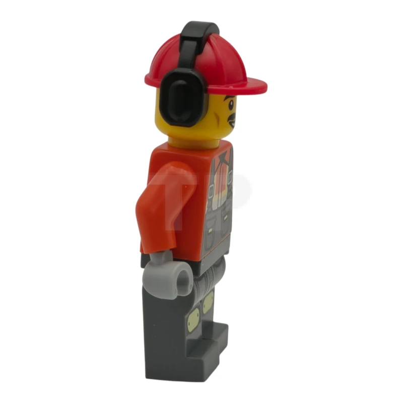 LEGO&reg; cty1787 Trabajador de la Construcción - Hombre, Mono Gris Azulado Oscuro sobre Chaqueta de Seguridad Naranja Rojizo con Bandas Reflectantes, Piernas Gris Azulado Oscuro con Rodilleras, Casco de Construcción Rojo con Protectores Auriculares Negros, Bigote