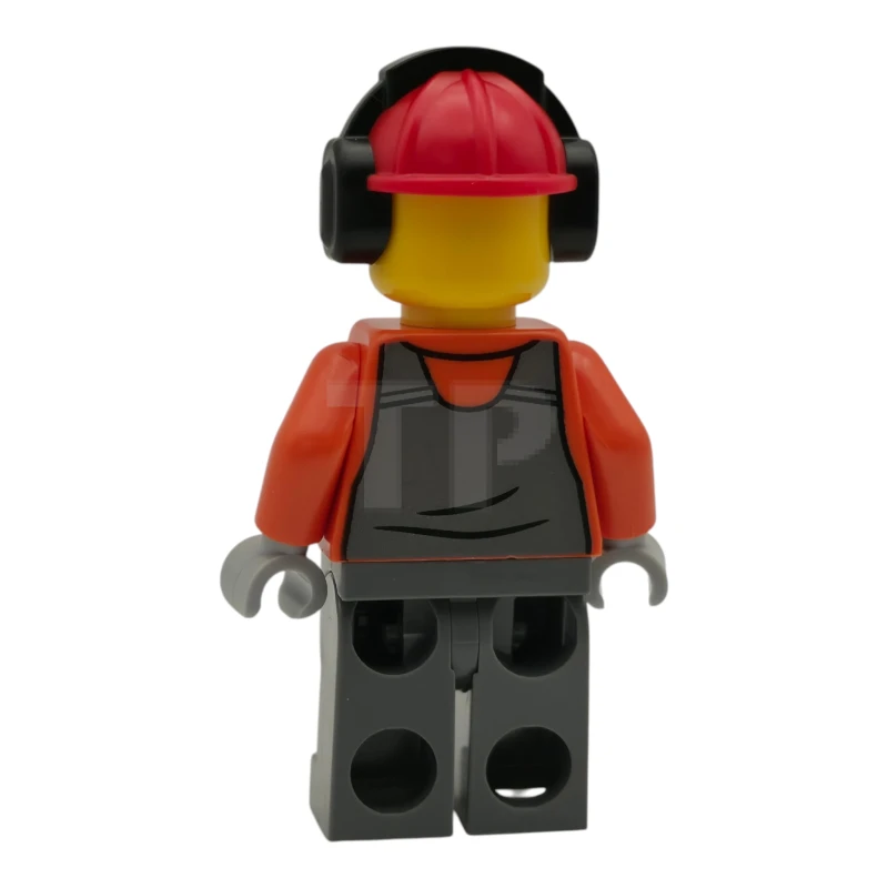 LEGO&reg; cty1787 Construction Worker - Male, Dark Bluish Gray Overalls over Reddish Orange Safety Jacket with Reflective Stripes, Dark Bluish Gray Legs with Knee Pads, Red Construction Helmet with Black Ear Protectors / Headphones, Moustache