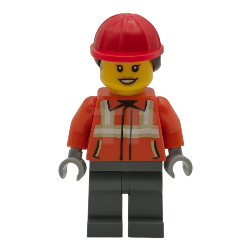 LEGO&reg; cty1789 Construction Worker - Female, Reddish Orange Safety Jacket with Reflective Stripes, Dark Bluish Gray Legs, Red Construction Helmet with Dark Brown Ponytail Hair, Hearing Aid