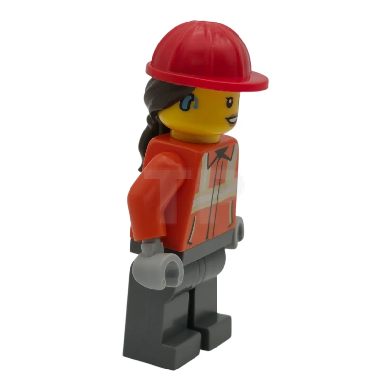LEGO&reg; cty1789 Construction Worker - Female, Reddish Orange Safety Jacket with Reflective Stripes, Dark Bluish Gray Legs, Red Construction Helmet with Dark Brown Ponytail Hair, Hearing Aid