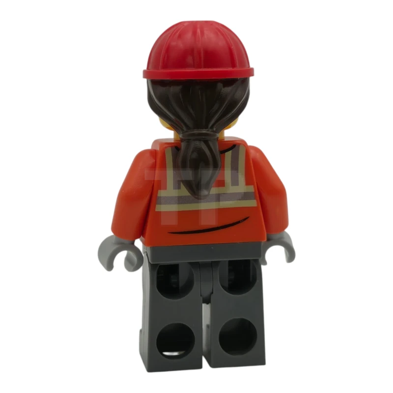 LEGO&reg; cty1789 Construction Worker - Female, Reddish Orange Safety Jacket with Reflective Stripes, Dark Bluish Gray Legs, Red Construction Helmet with Dark Brown Ponytail Hair, Hearing Aid