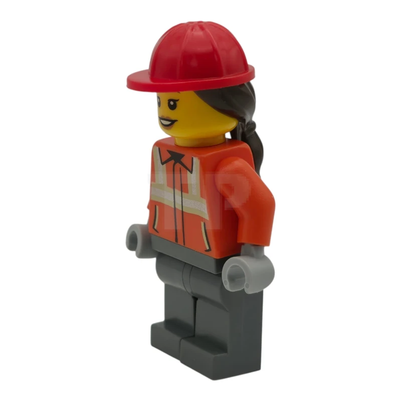 LEGO&reg; cty1789 Construction Worker - Female, Reddish Orange Safety Jacket with Reflective Stripes, Dark Bluish Gray Legs, Red Construction Helmet with Dark Brown Ponytail Hair, Hearing Aid