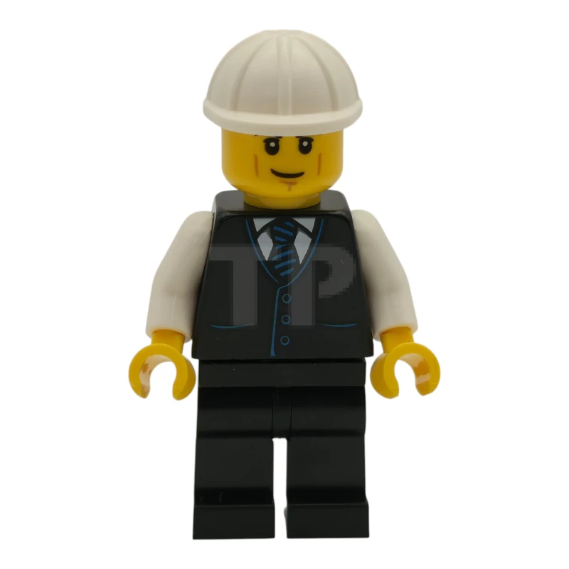 LEGO&reg; cty1788 Construction Engineer / Architect - Male, Black Vest with Blue Striped Tie, Black Legs, White Construction Helmet, Lopsided Grin