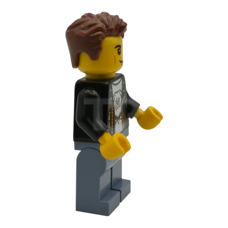 LEGO&reg; cty1946 Conductor de bólidos - Hombre, chaqueta de cuero negro, piernas azul arena, pelo castaño rojizo