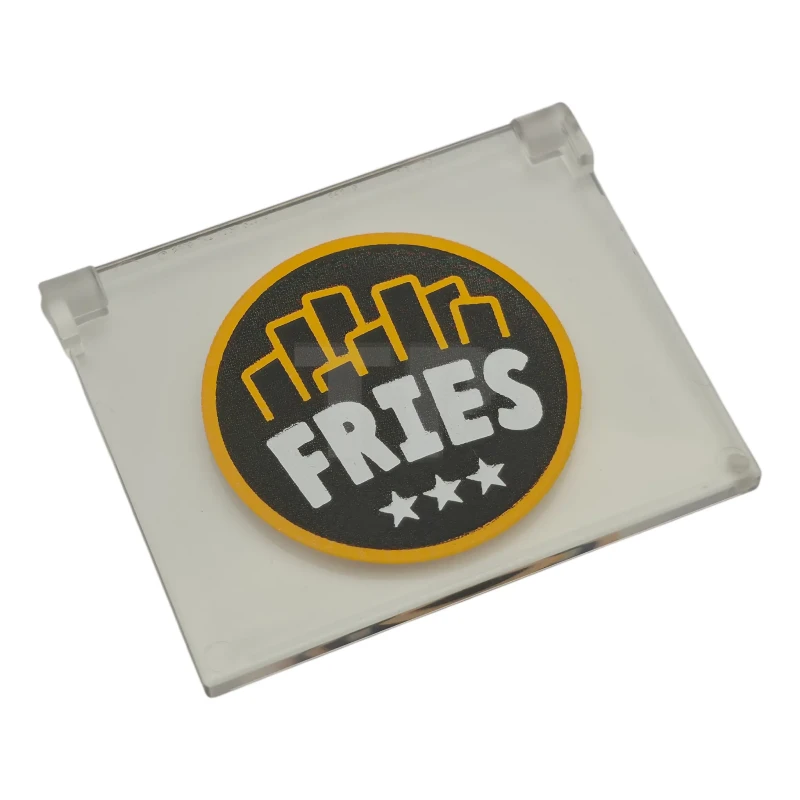 LEGO&reg; 6579948 - 60603pb029 - Glass for Window 1 x 4 x 3 - Opening with White 'FRIES' and Stars with Bright Light Orange Border on Black Background Pattern