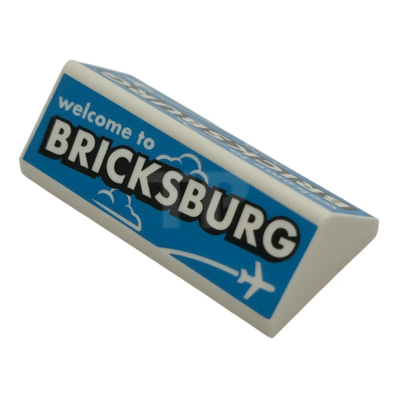 LEGO&reg; 3041pb005 - 6579701 - Slope 45 2 x 4 Double with Airplane, Cloud and 'welcome to BRICKSBURG' with Black Outline on Dark Azure Background Pattern