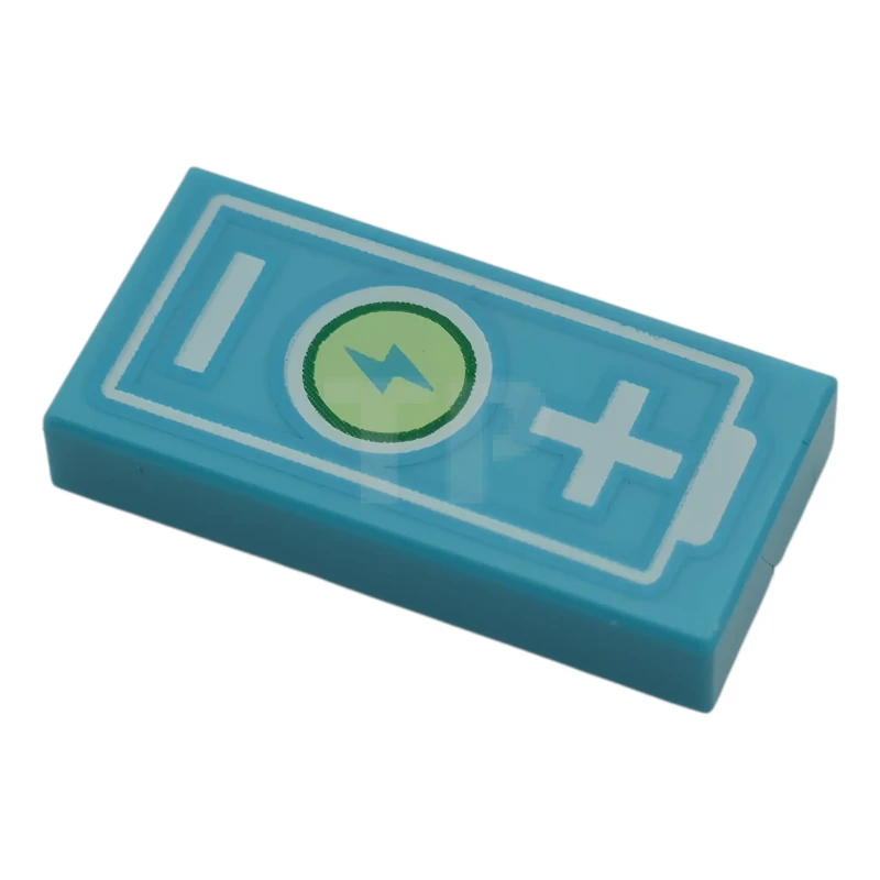 LEGO&reg; 6588038 - 3069pb1455 - Tile 1 x 2 with Electric Car Battery with Green Circle, Yellowish Green Lightning Bolt Power Symbol and White Plus and Minus Sign Pattern