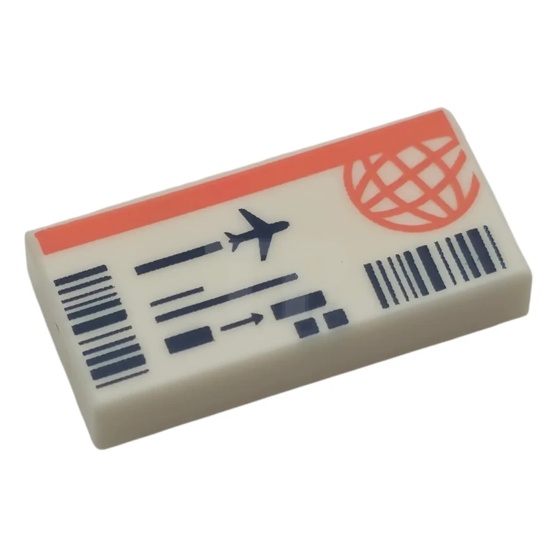 LEGO&reg; 6520905 - 3069pb1325 - Tile 1 x 2 with Airline Ticket with Coral Wire Frame Globe and Stripe, Black Barcodes, Lines, Arrow and Airplane Pattern