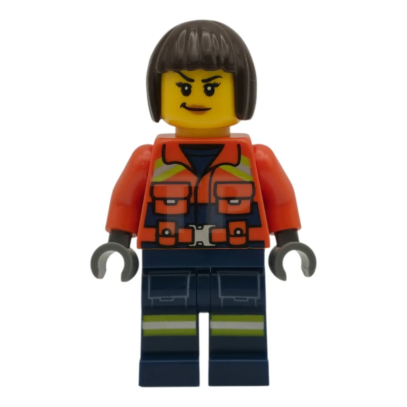 LEGO&reg; cty1958 Coast Guard City - Female, Reddish Orange Jacket with Pockets and Reflective Stripes, Dark Blue Legs with Pockets and Reflective Stripes, Dark Brown Bob Cut Hair