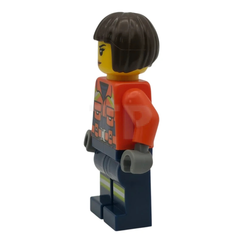 LEGO&reg; cty1958 Coast Guard City - Female, Reddish Orange Jacket with Pockets and Reflective Stripes, Dark Blue Legs with Pockets and Reflective Stripes, Dark Brown Bob Cut Hair