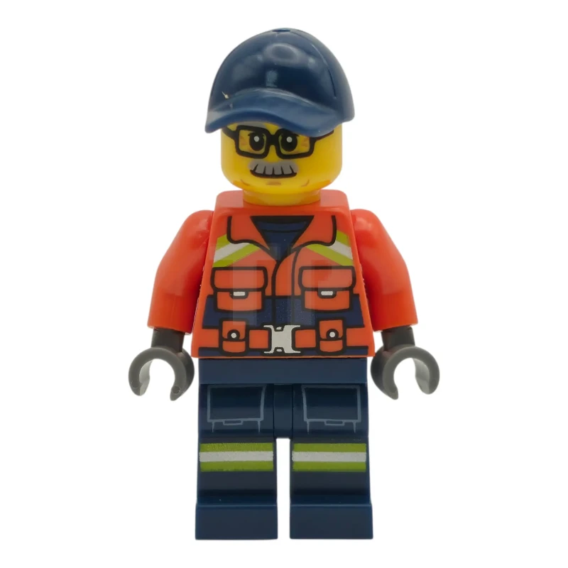 LEGO&reg; cty1959 Coast Guard City - Male, Reddish Orange Jacket with Pockets and Reflective Stripes, Dark Blue Legs with Pockets and Reflective Stripes, Dark Blue Cap, Glasses and Moustache
