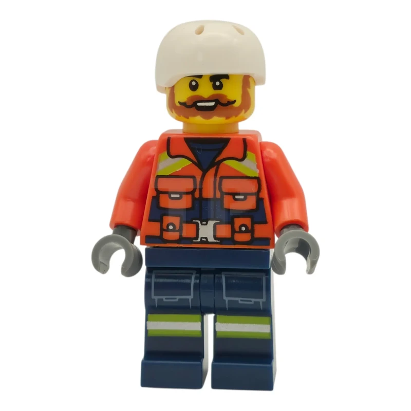 LEGO&reg; cty1956 Coast Guard City - Male, Reddish Orange Jacket with Pockets and Reflective Stripes, Dark Blue Legs with Pockets and Reflective Stripes, White Sports Helmet